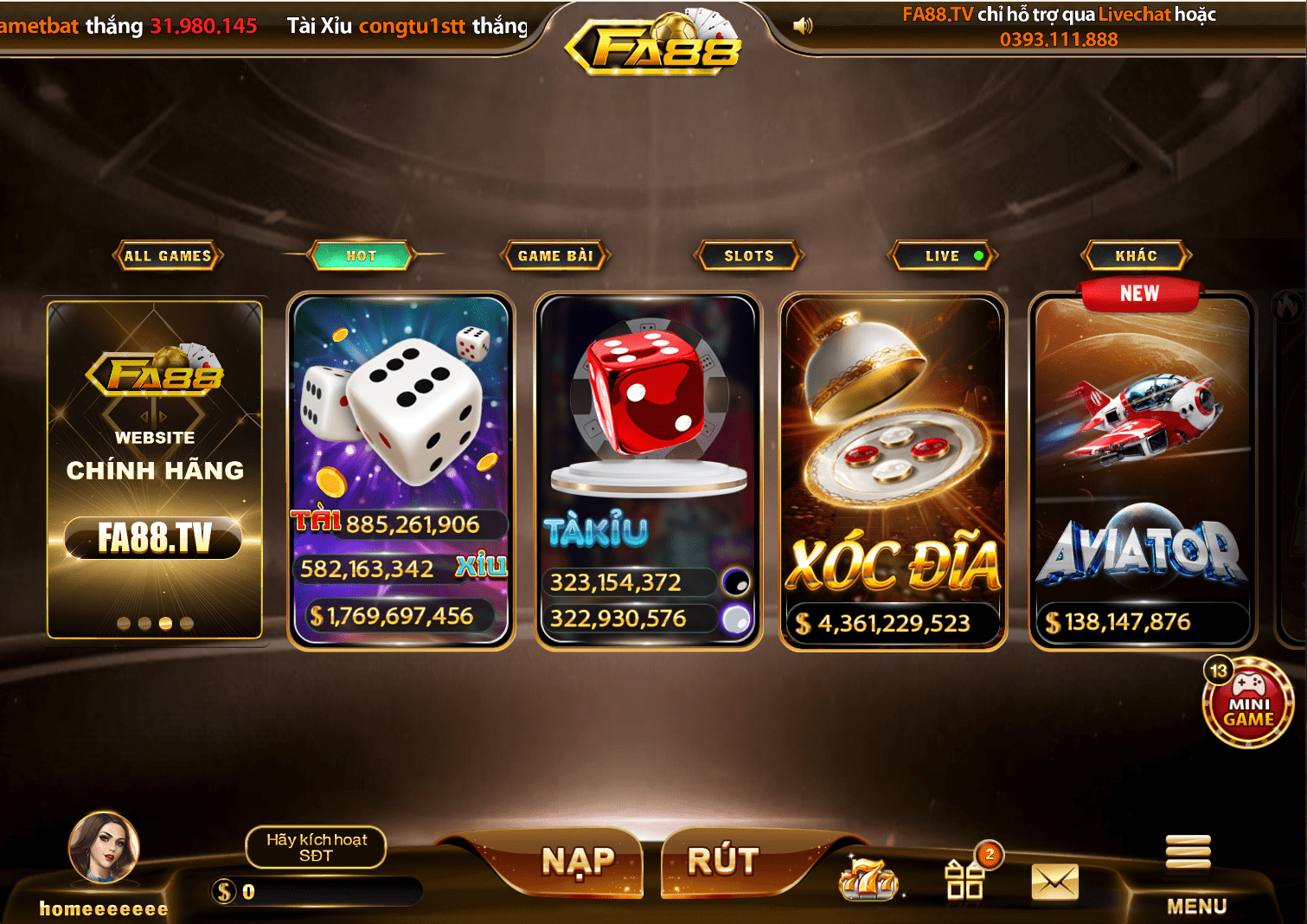 FA88 | FA88vn | Sân chơi cá cược vươn tầm quốc tế 144 Giao diện chính của cổng game FA88