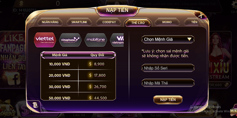 Cách nạp tiền vào tài khoản Gemwin